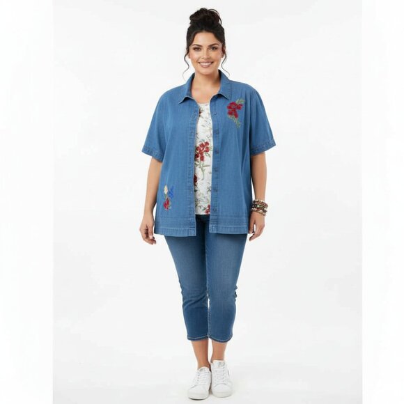 Ms. Lee 3X Blue Denim Shirt - 2 PC Look w/ Colorful Embroidery 100% Cotton - Picture 1 of 4